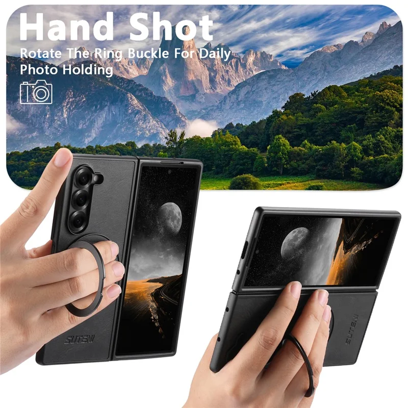SUTENI G3 Funda para Samsung Galaxy Z Fold6 5G Compatible con MagSafe, Textura Cerosa, Soporte Giratorio, Cubierta Trasera de Cuero - Negro
