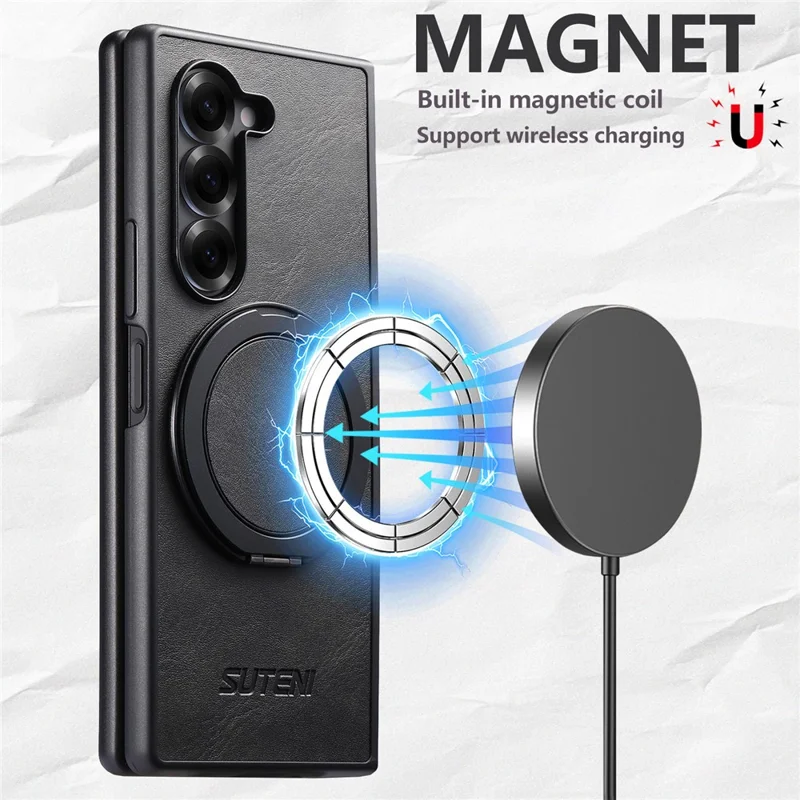 SUTENI G3 Funda para Samsung Galaxy Z Fold6 5G Compatible con MagSafe, Textura Cerosa, Soporte Giratorio, Cubierta Trasera de Cuero - Negro