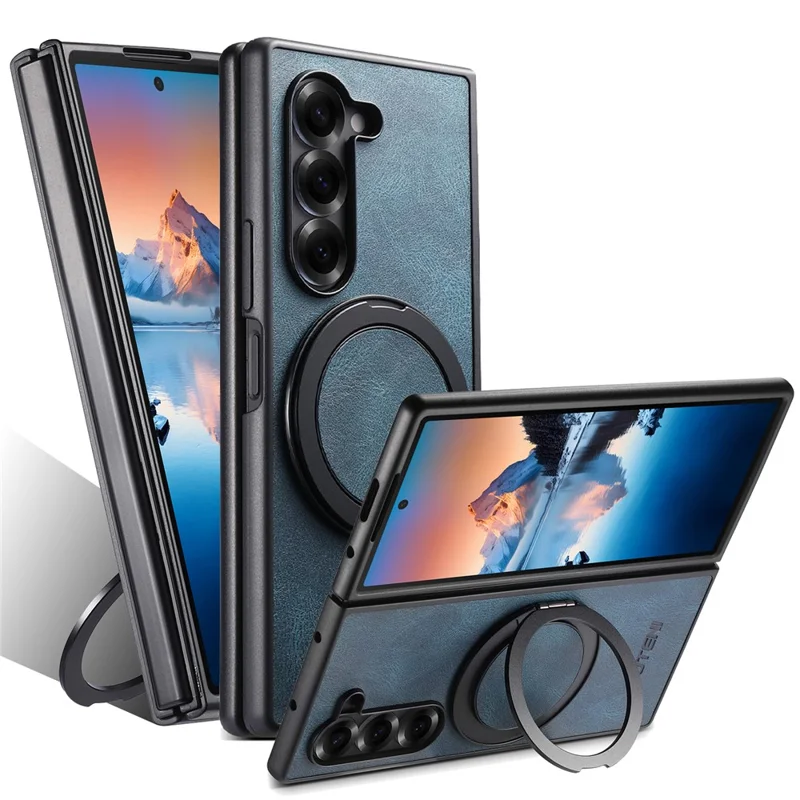 SUTENI G3 Hülle für Samsung Galaxy Z Fold5 5G, kompatibel mit MagSafe, mit wachsartiger Textur, drehbarem Ständer und Leder-Rückseite - Blau