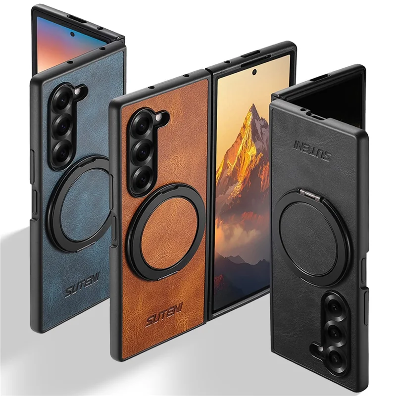 SUTENI G3 Hülle für Samsung Galaxy Z Fold5 5G, kompatibel mit MagSafe, mit wachsartiger Textur, drehbarem Ständer und Leder-Rückseite - Blau