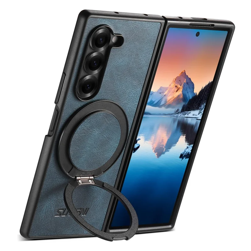 SUTENI G3 Hülle für Samsung Galaxy Z Fold5 5G, kompatibel mit MagSafe, mit wachsartiger Textur, drehbarem Ständer und Leder-Rückseite - Blau
