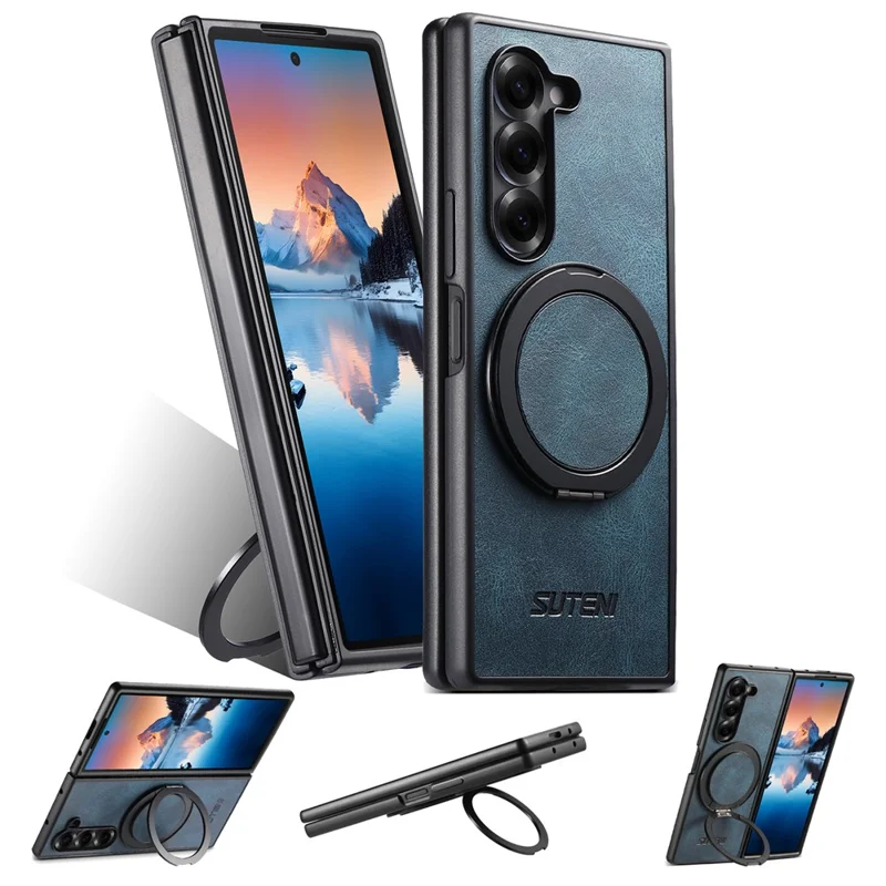 SUTENI G3 Hülle für Samsung Galaxy Z Fold5 5G, kompatibel mit MagSafe, mit wachsartiger Textur, drehbarem Ständer und Leder-Rückseite - Blau