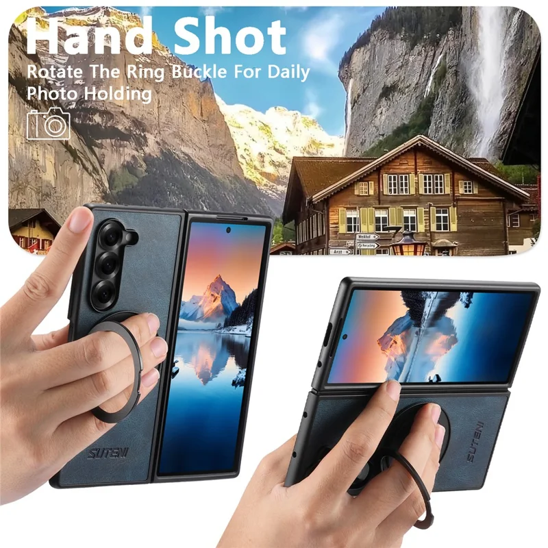SUTENI G3 Hülle für Samsung Galaxy Z Fold5 5G, kompatibel mit MagSafe, mit wachsartiger Textur, drehbarem Ständer und Leder-Rückseite - Blau