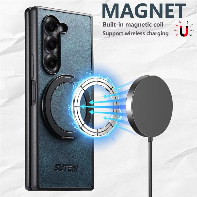 SUTENI G3 Hülle für Samsung Galaxy Z Fold5 5G, kompatibel mit MagSafe, mit wachsartiger Textur, drehbarem Ständer und Leder-Rückseite - Blau