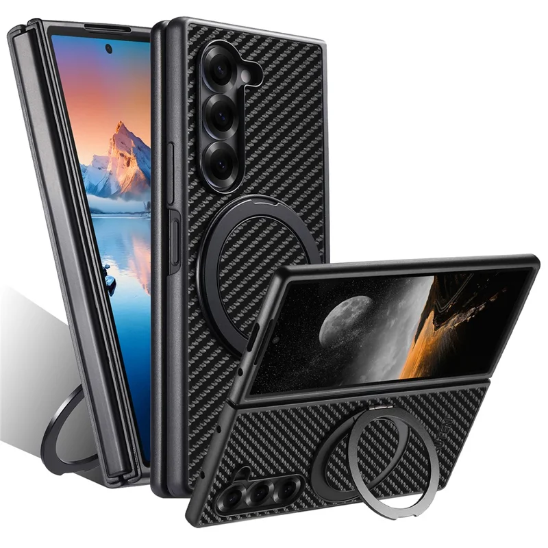 SUTENI G3 Para Samsung Galaxy Z Fold7 5G Capa Magnética Rotação de 360 Graus Suporte Textura de Fibra de Carbono Capa Traseira de Telefone de PU