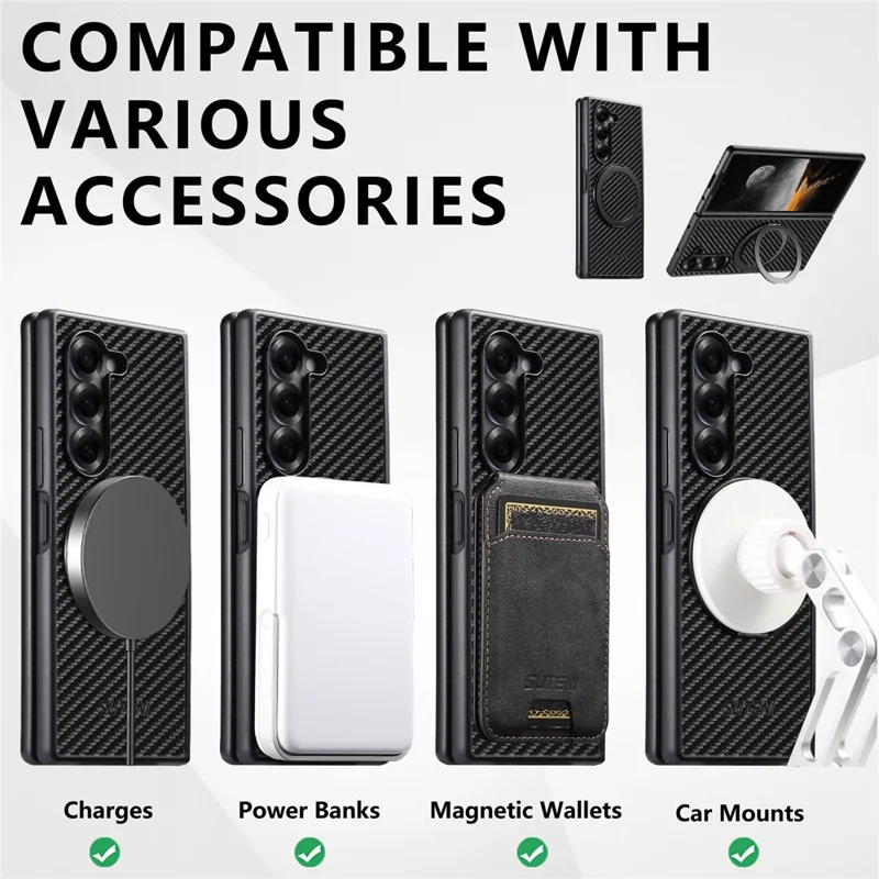 SUTENI G3 Funda Magnética para Samsung Galaxy Z Fold6 5G con Soporte Giratorio de 360 Grados, Textura de Fibra de Carbono, Carcasa Trasera de Piel Sintética