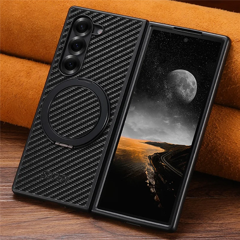 SUTENI G3 Funda Magnética para Samsung Galaxy Z Fold6 5G con Soporte Giratorio de 360 Grados, Textura de Fibra de Carbono, Carcasa Trasera de Piel Sintética