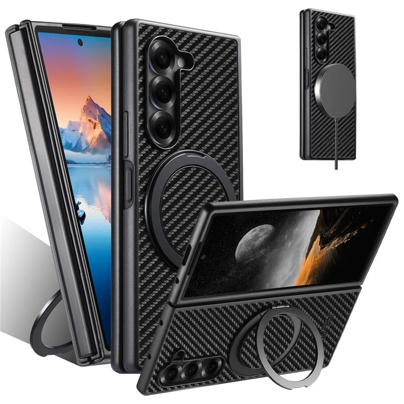 SUTENI G3 Funda Magnética con Soporte Giratorio 360° para Samsung Galaxy Z Fold5 5G, Textura de Fibra de Carbono, Cubierta Trasera de PU