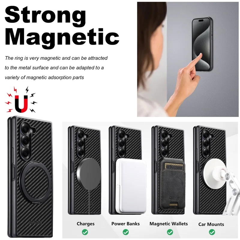 SUTENI G3 Funda Magnética con Soporte Giratorio 360° para Samsung Galaxy Z Fold5 5G, Textura de Fibra de Carbono, Cubierta Trasera de PU