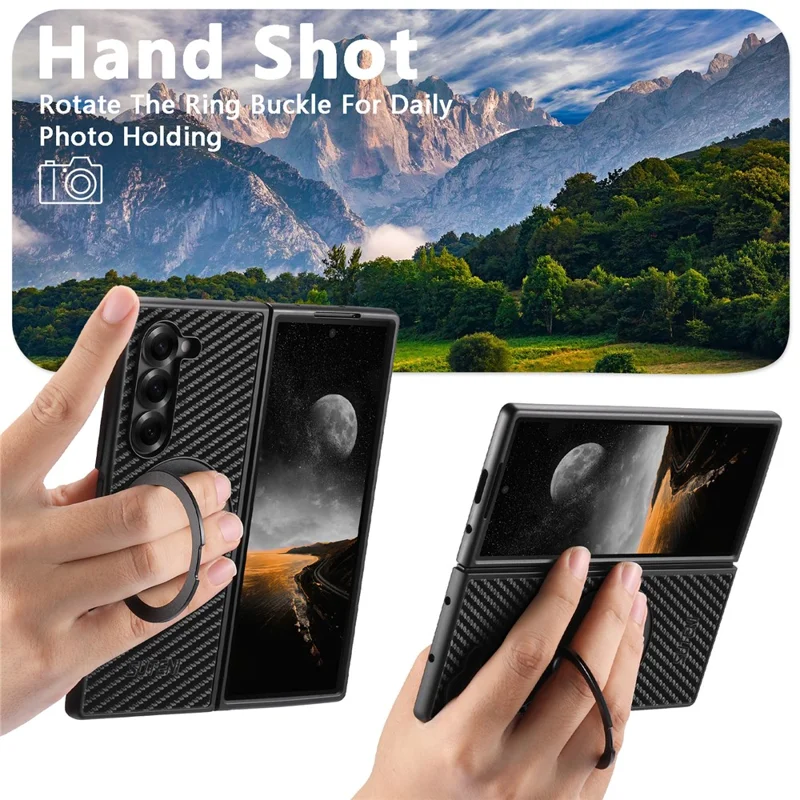 SUTENI G3 Funda Magnética con Soporte Giratorio 360° para Samsung Galaxy Z Fold5 5G, Textura de Fibra de Carbono, Cubierta Trasera de PU
