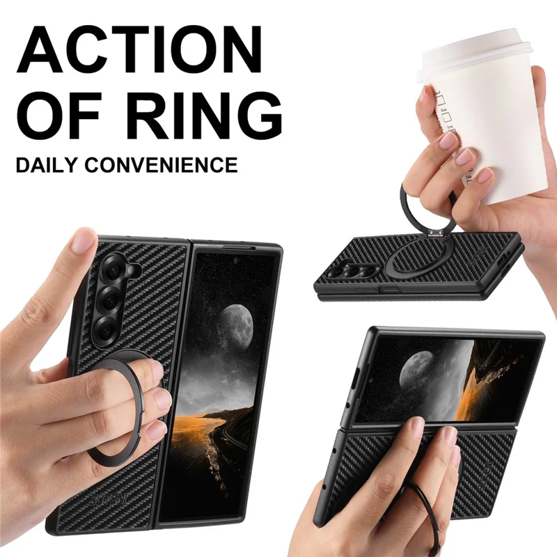 SUTENI G3 Funda Magnética con Soporte Giratorio 360° para Samsung Galaxy Z Fold5 5G, Textura de Fibra de Carbono, Cubierta Trasera de PU