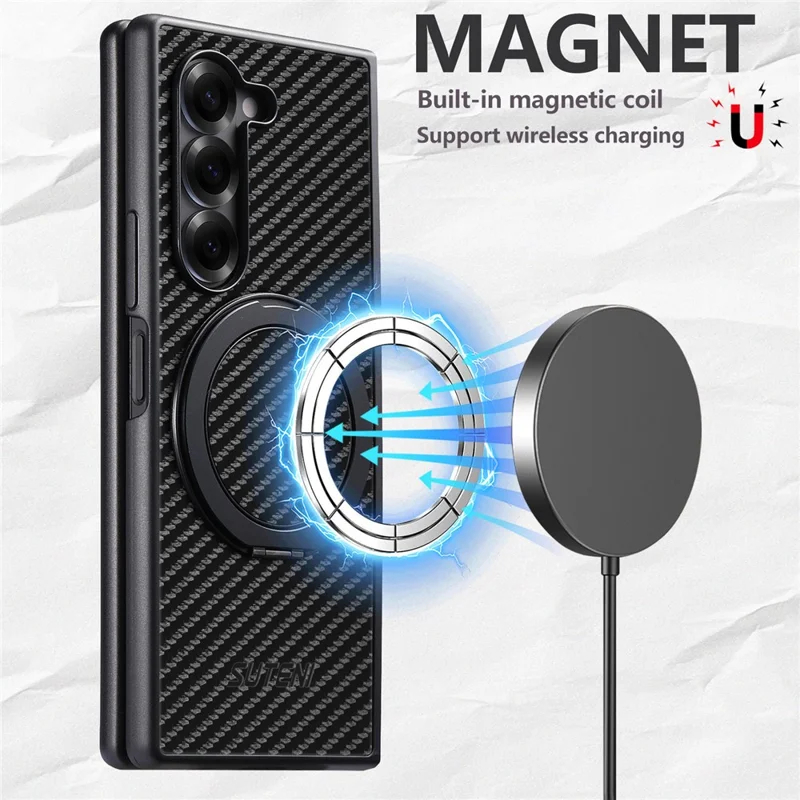 SUTENI G3 Funda Magnética con Soporte Giratorio 360° para Samsung Galaxy Z Fold5 5G, Textura de Fibra de Carbono, Cubierta Trasera de PU