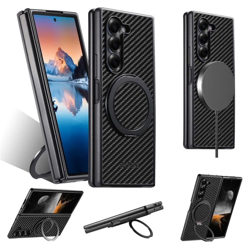 SUTENI G3 Funda Magnética con Soporte Giratorio 360° para Samsung Galaxy Z Fold5 5G, Textura de Fibra de Carbono, Cubierta Trasera de PU
