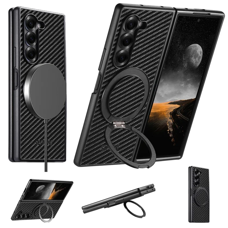 SUTENI G3 Funda Magnética con Soporte Giratorio 360° para Samsung Galaxy Z Fold5 5G, Textura de Fibra de Carbono, Cubierta Trasera de PU