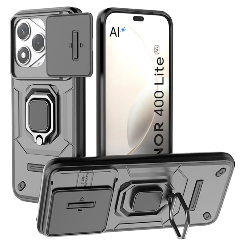 For Honor 400 Lite 5G Case PC + TPU Kickstand Phone Protector with Lens Cover - Black