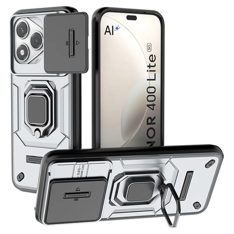For Honor 400 Lite 5G Case PC + TPU Kickstand Phone Protector with Lens Cover - Grey