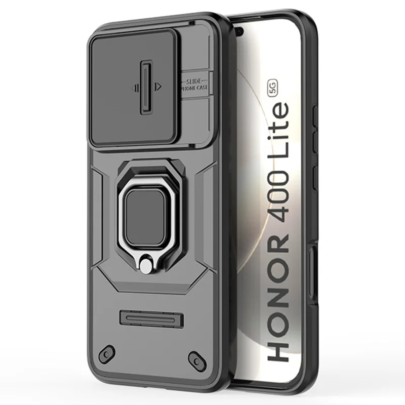 For Honor 400 Lite 5G Case PC + TPU Kickstand Phone Protector with Lens Cover - Grey