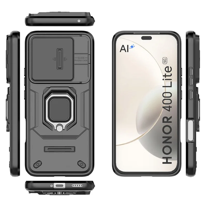 For Honor 400 Lite 5G Case PC + TPU Kickstand Phone Protector with Lens Cover - Grey