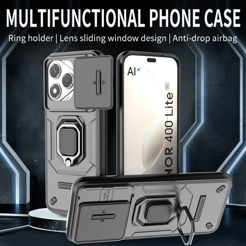 For Honor 400 Lite 5G Case PC + TPU Kickstand Phone Protector with Lens Cover - Grey
