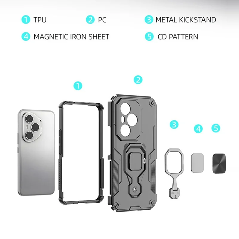 For Honor 400 Pro 5G (Globale) Custodia Anello Rotante Supporto Kickstand PC + TPU Antiurto Custodia per Telefono - Nero