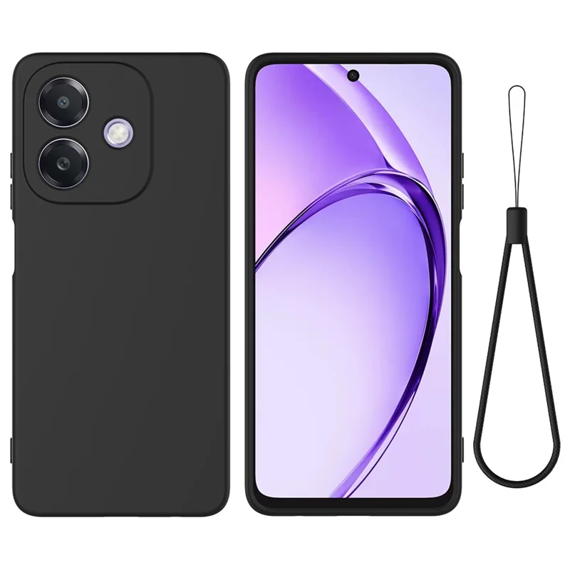 For Oppo A5i 4G Liquid Silicone Case Phone Back Cover with Hand Strap - Black