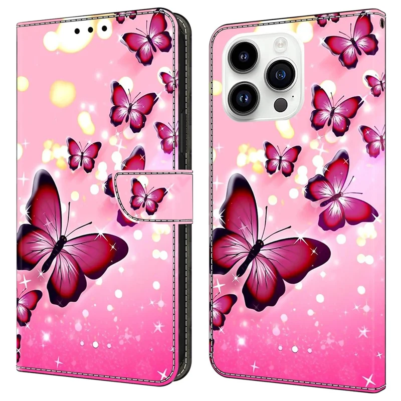For iPhone 16 Pro Max Case Wallet Stand Pattern Printing PU Leather Flip Phone Cover - Pink Butterfly
