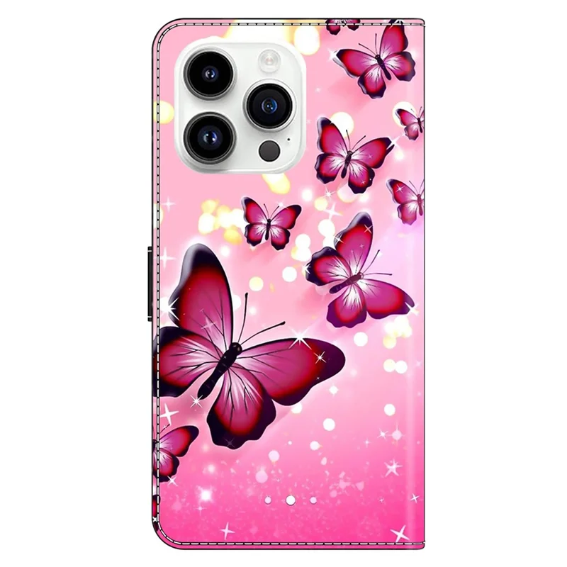 For iPhone 16 Pro Max Case Wallet Stand Pattern Printing PU Leather Flip Phone Cover - Pink Butterfly