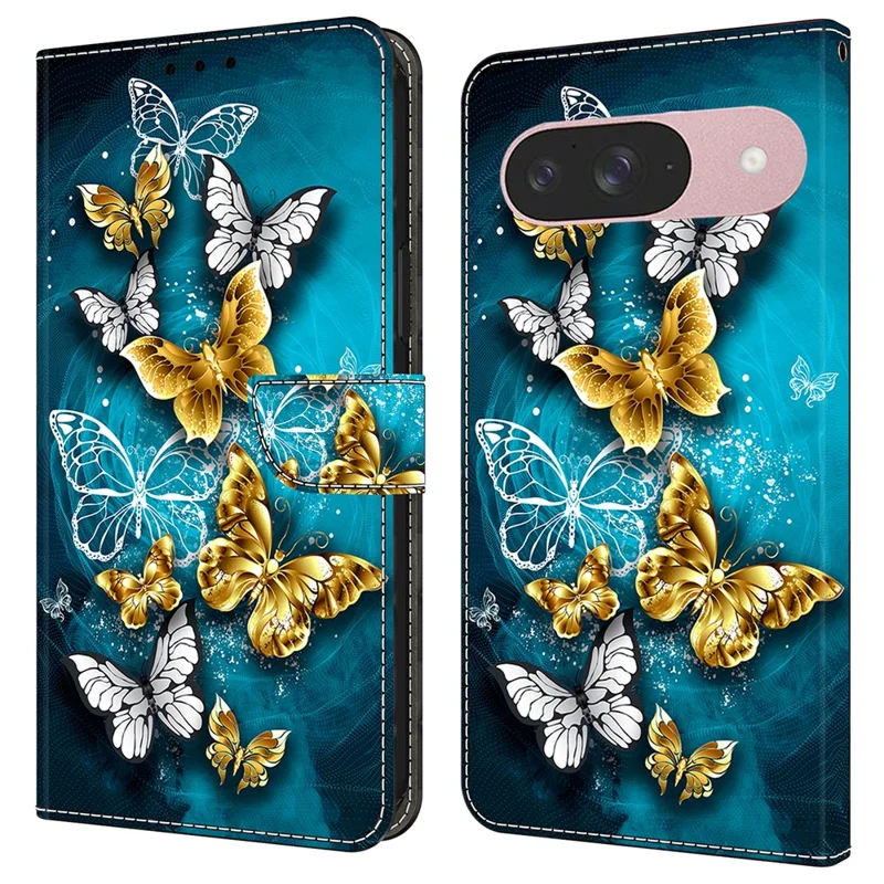 For Google Pixel 9 Pro  /  Pixel 9 Case Wallet Stand Pattern Printing PU Leather Flip Phone Cover - Gold Butterfly on Green