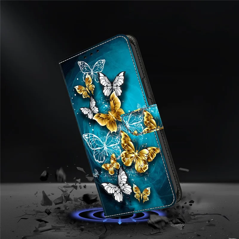 For Google Pixel 9 Pro  /  Pixel 9 Case Wallet Stand Pattern Printing PU Leather Flip Phone Cover - Gold Butterfly on Green