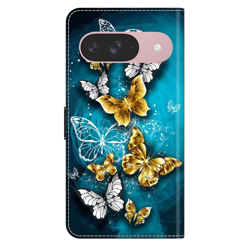 For Google Pixel 9 Pro  /  Pixel 9 Case Wallet Stand Pattern Printing PU Leather Flip Phone Cover - Gold Butterfly on Green