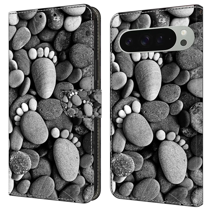 For Google Pixel 9 Pro XL Case Wallet Stand Pattern Printing PU Leather Flip Phone Cover - Stone Footprints