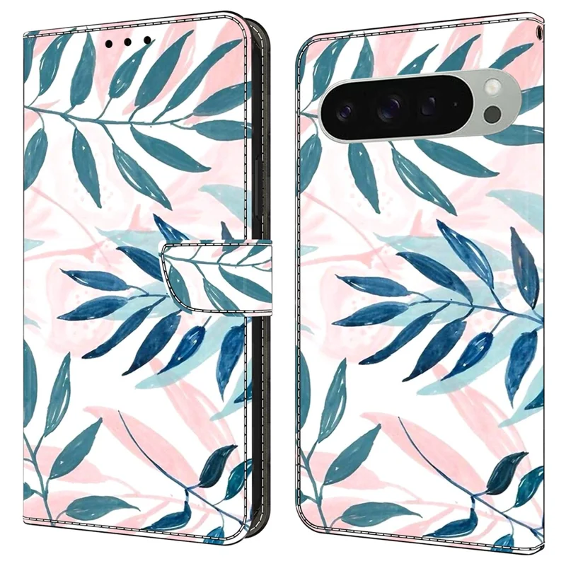 For Google Pixel 9 Pro XL Case Wallet Stand Pattern Printing PU Leather Flip Phone Cover - Watercolor Leaves
