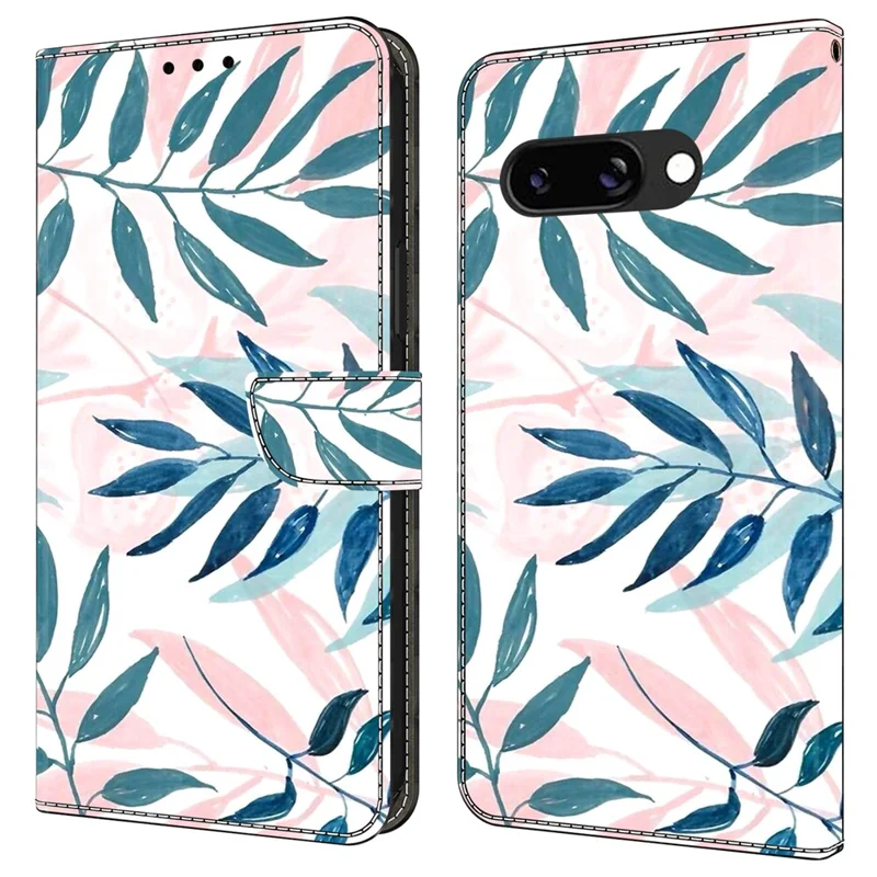 For Google Pixel 9a Case Wallet Stand Pattern Printing PU Leather Flip Phone Cover - Watercolor Leaves