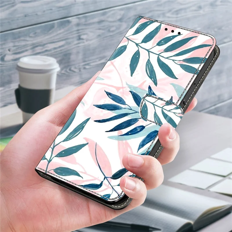 For Google Pixel 9a Case Wallet Stand Pattern Printing PU Leather Flip Phone Cover - Watercolor Leaves