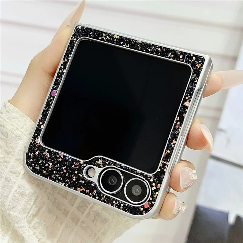 For Samsung Galaxy Z Flip7 FE 5G / Z Flip6 5G Case Rubberized Silver Edge Phantom Glitter Hard PC Phone Cover - Black
