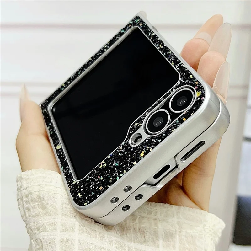 For Samsung Galaxy Z Flip7 FE 5G / Z Flip6 5G Case Rubberized Silver Edge Phantom Glitter Hard PC Phone Cover - Black