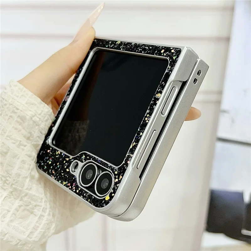 For Samsung Galaxy Z Flip7 FE 5G / Z Flip6 5G Case Rubberized Silver Edge Phantom Glitter Hard PC Phone Cover - Black