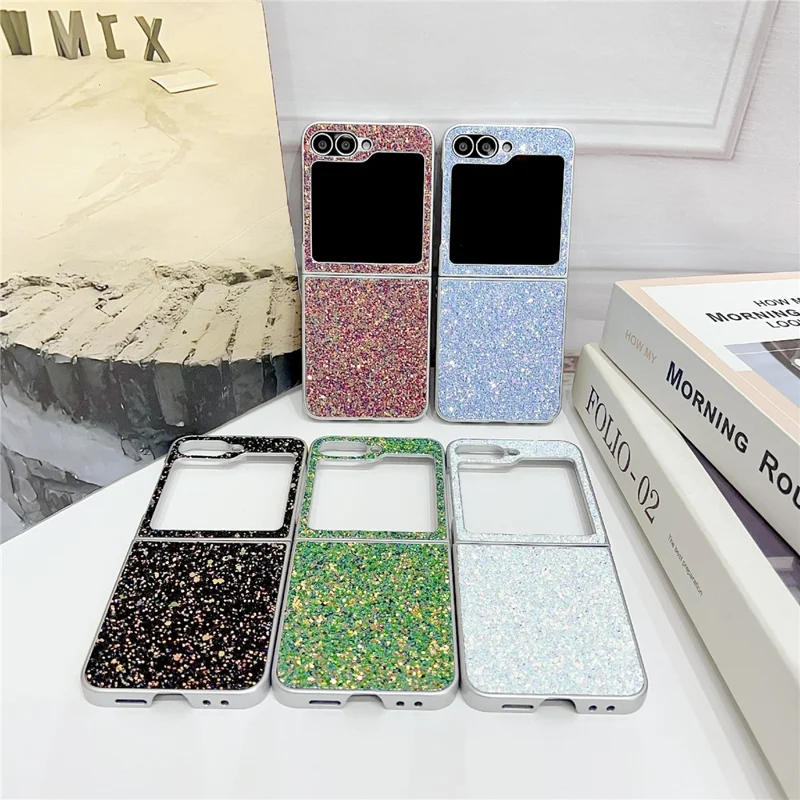 For Samsung Galaxy Z Flip7 FE 5G / Z Flip6 5G Case Rubberized Silver Edge Phantom Glitter Hard PC Phone Cover - Black