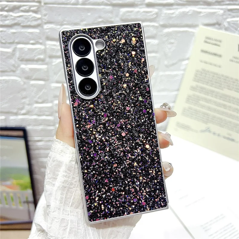 For Samsung Galaxy Z Fold6 5G Case Rubberized Silver Edge Phantom Glitter Hard PC Phone Cover - Black