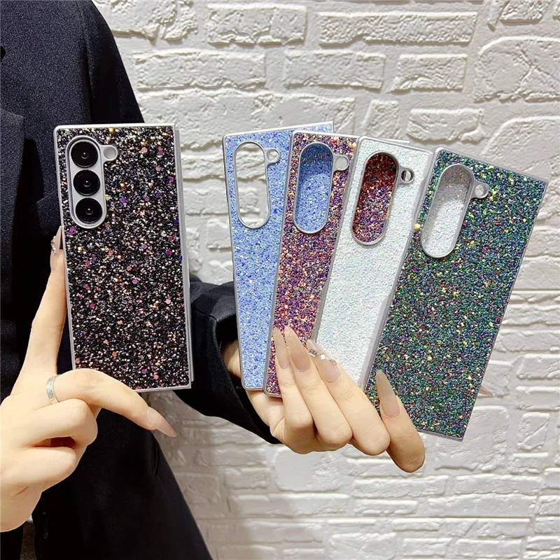 For Samsung Galaxy Z Fold6 5G Case Rubberized Silver Edge Phantom Glitter Hard PC Phone Cover - Black