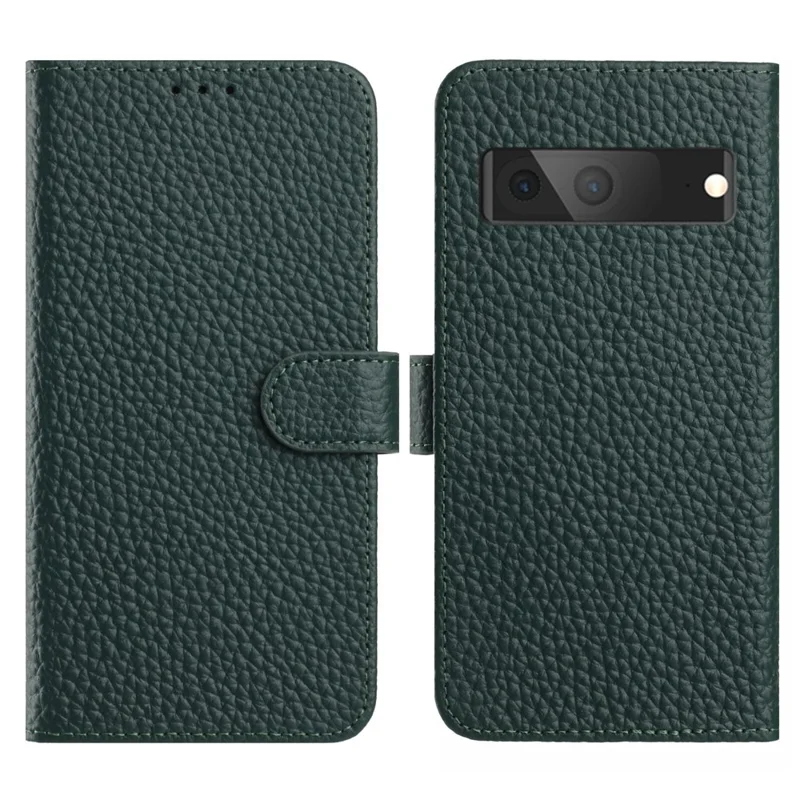 For Google Pixel 7a Case Wallet Stand Litchi Texture Genuine Cow Leather Flip Phone Cover - Green