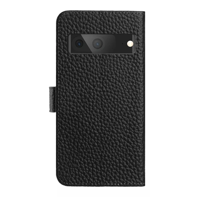 For Google Pixel 7a Case Wallet Stand Litchi Texture Genuine Cow Leather Flip Phone Cover - Black
