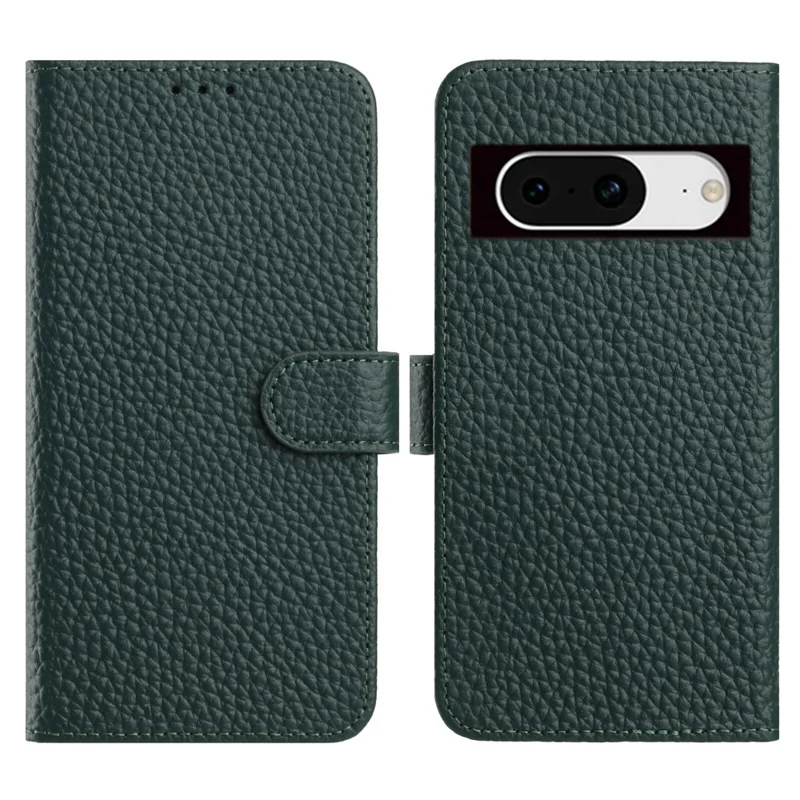 For Google Pixel 8 Case Wallet Stand Litchi Texture Genuine Cow Leather Flip Phone Cover - Green