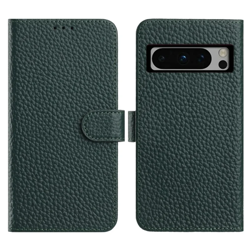 For Google Pixel 8 Pro Case Wallet Stand Litchi Texture Genuine Cow Leather Flip Phone Cover - Green
