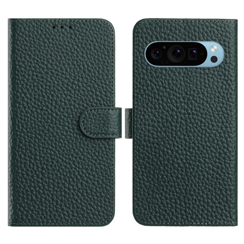 Cover a portafoglio per Flip Phone Google Pixel 10 Pro / 10 / 9 Pro / 9 con supporto, texture Litchi, in vera pelle di mucca - Verde