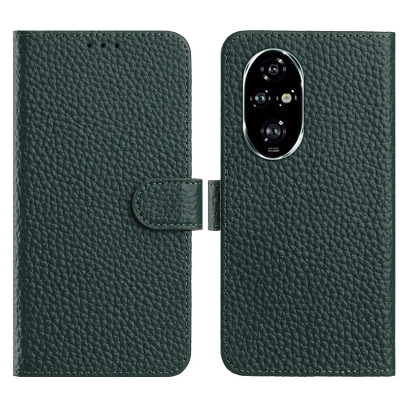 Funda tipo cartera con soporte For Honor 200 5G, de cuero auténtico de vaca con textura de lichi - Verde