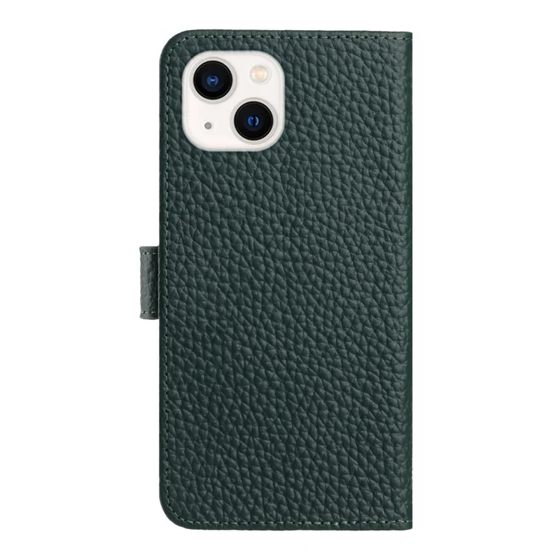 For iPhone 15 Case Wallet Stand Litchi Texture Genuine Cow Leather Flip Phone Cover - Green
