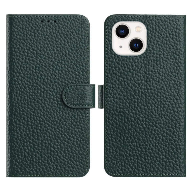 For iPhone 15 Plus Case Wallet Stand Litchi Texture Genuine Cow Leather Flip Phone Cover - Green