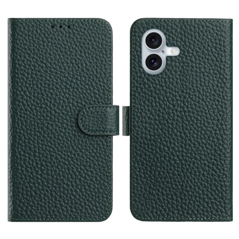 Custodia per iPhone 16 Plus Portafoglio Stand Texture Litchi Vera Pelle di Mucca Flip Phone Cover - Verde