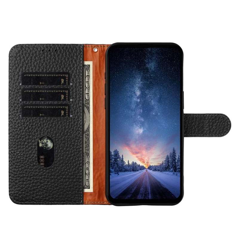 For iPhone 16 Plus Case Wallet Stand Litchi Texture Genuine Cow Leather Flip Phone Cover - Black